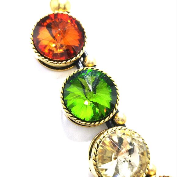 Vintage Rivoli Rhinestone Leather Necklace, Large Orange Green Clear Rhinestones - Picture 4 of 10